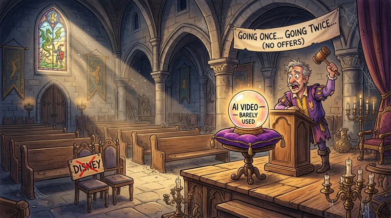 Cinematic wide shot of a grand Disney-style auction house with ornate gilded balconies and velvet curtains, a single glowing AI interface floating dramatically above the auctioneer's podium like a magic artefact, the auctioneer &mdash; a portly animated-style character in top hat and tails &mdash; looking increasingly desperate as he gestures toward the empty seats, cobwebs forming on the front row chairs, a single tumbleweed rolling across the auction floor, warm theatrical spotlight on the podium, a small handwritten sign reads "MAKE AN OFFER &mdash; ANY OFFER", tongue-in-cheek editorial illustration style, rich jewel tones, 16:9