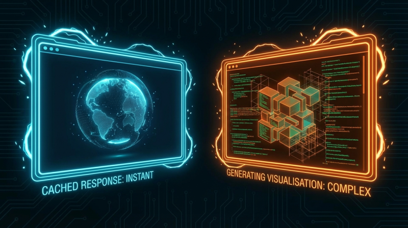 Two glowing digital screens comparing AI outputs. The left blue screen shows a globe labeled "Cached Response: Instant," representing OpenAI's pre-built library. The right orange screen shows a complex 3D structure labeled "Generating Visualisation: Complex," representing Anthropic's bespoke generation