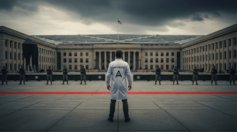 Dramatic standoff scene, small figure in a white lab coat with Anthropic logo standing firm facing a massive imposing Pentagon building facade with army guards outside, a line drawn on the ground between the figure and the building seperating them,  that the lab coat figure refuses to cross