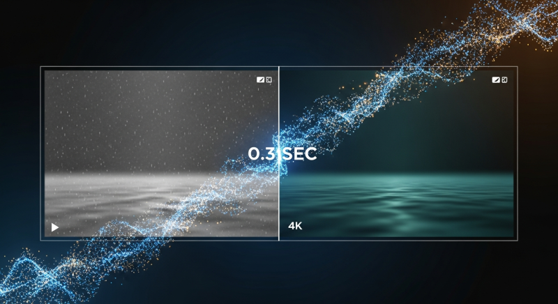 Video upscaling transformation from blurry to 4K quality in 0.3 seconds with particle effect showing real-time processing speed