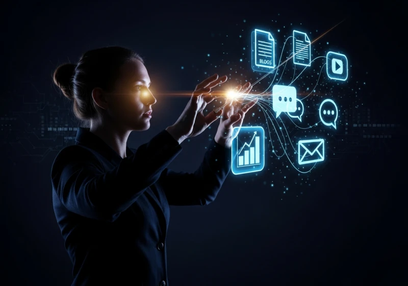 A marketing strategist conducting a holographic interface of content marketing icons, symbolizing the power and control AI provides to modern marketers.