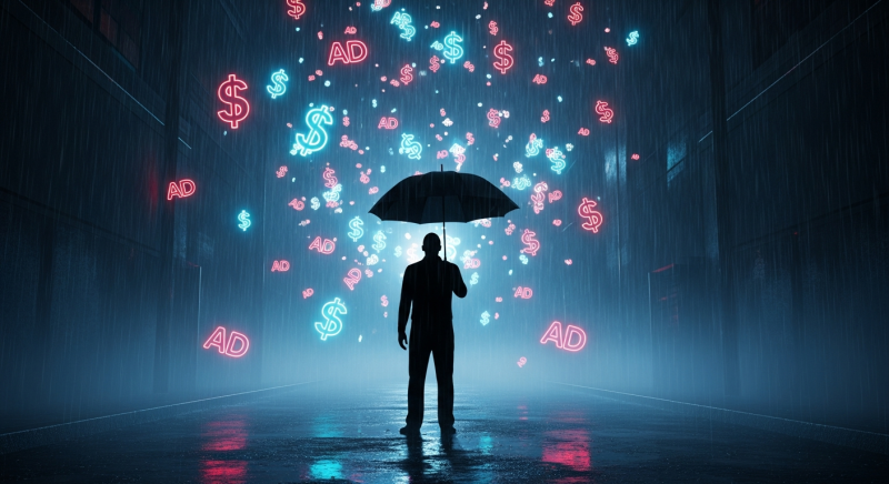 Visual metaphor of AI industry monetization pressure: lone figure sheltering from falling advertising revenue symbols and dollar signs in cyberpunk neon aesthetic
