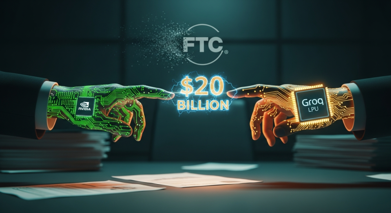 Nvidia and Groq circuit board hands reaching toward $20 billion holographic text with FTC logo dissolving above, representing the regulatory dodge of AI's biggest non-acquisition deal