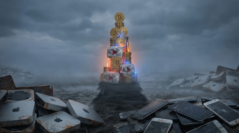 A tower of crypto and YouTube symbols stand tall over a wasteland of broken mac minis and smartphones
